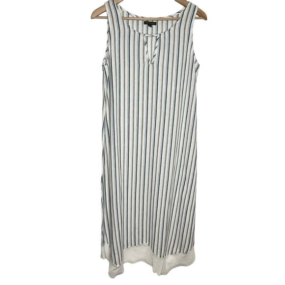 For Cynthia Womens Linen Midi Dress Small White Blue Stripe Coastal Beach Swim - Picture 1 of 8